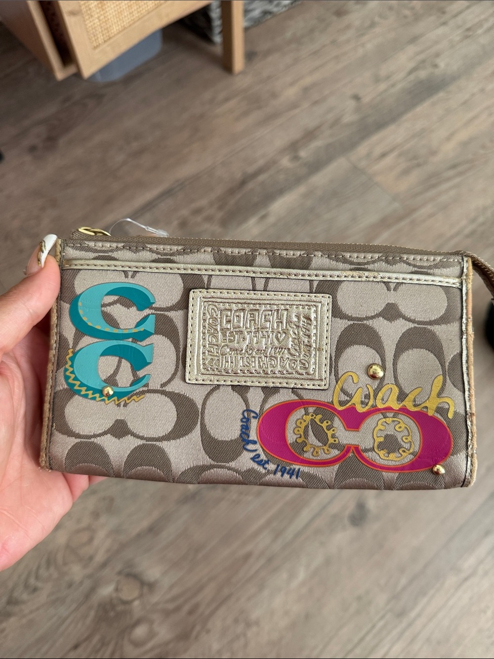 Coach Taupe Signature Canvas Wristlet with Turquoise, Pink & Yellow Accents